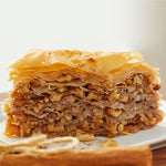 closeup photo of pureBAKLAVA showing layers of Greek pastry